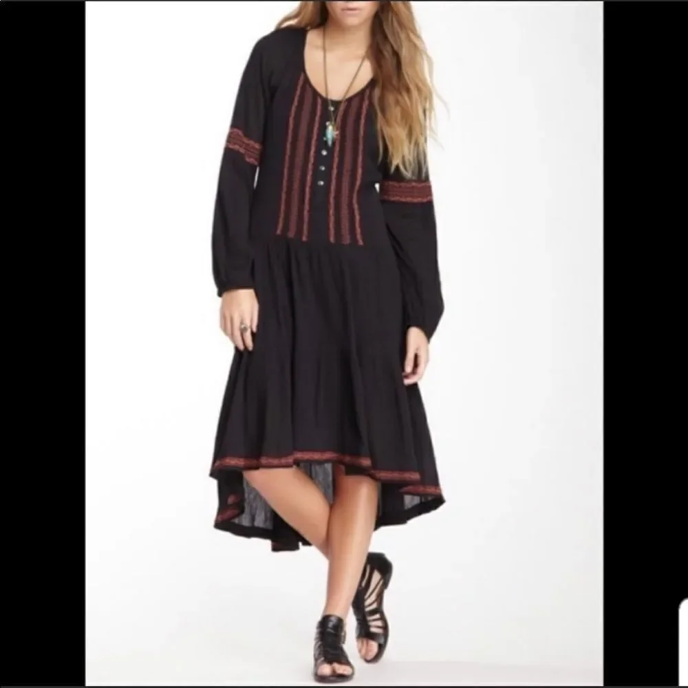 Free People Blue & Orange Embroidered Hi-Lo Dress Bohemian Festival